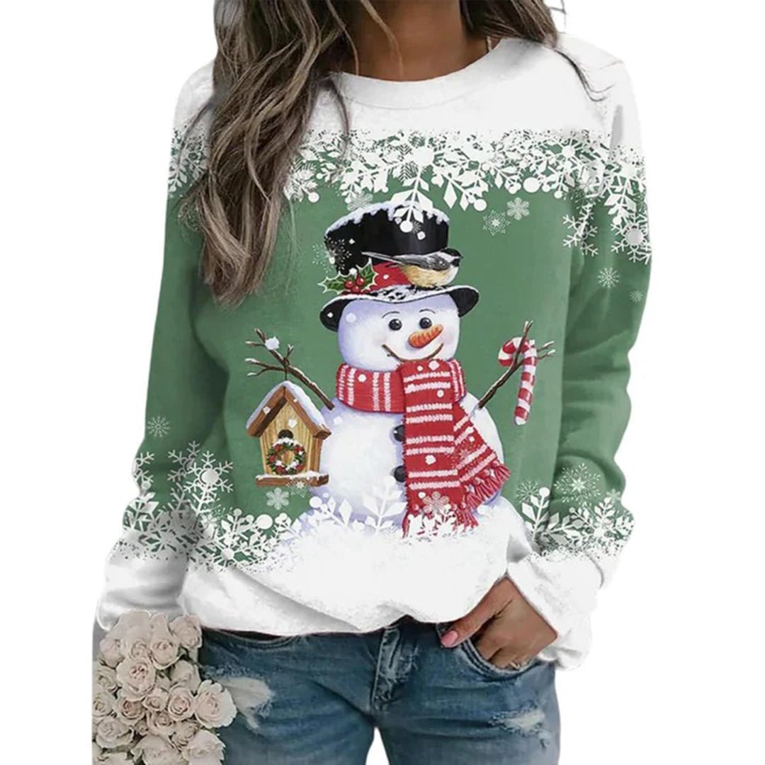 Maglione natalizio da donna Zariah: comodo e festoso con elegante motivo a pupazzo di neve 