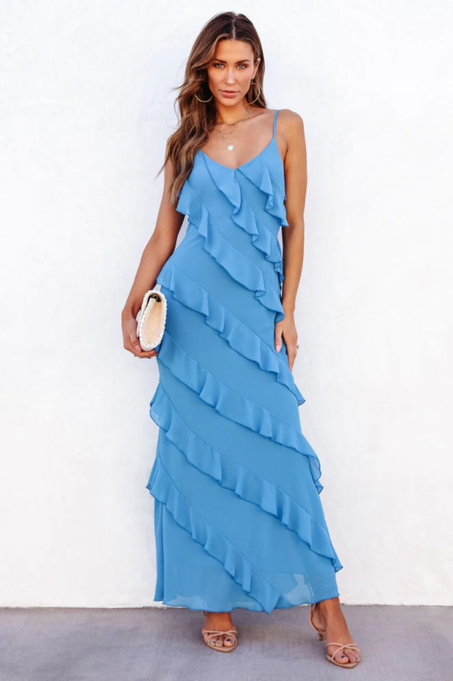 Robe Longue Femme Ashtine – Robe d’Été Légère à Volants avec Jupe à Étages & Look de Plage