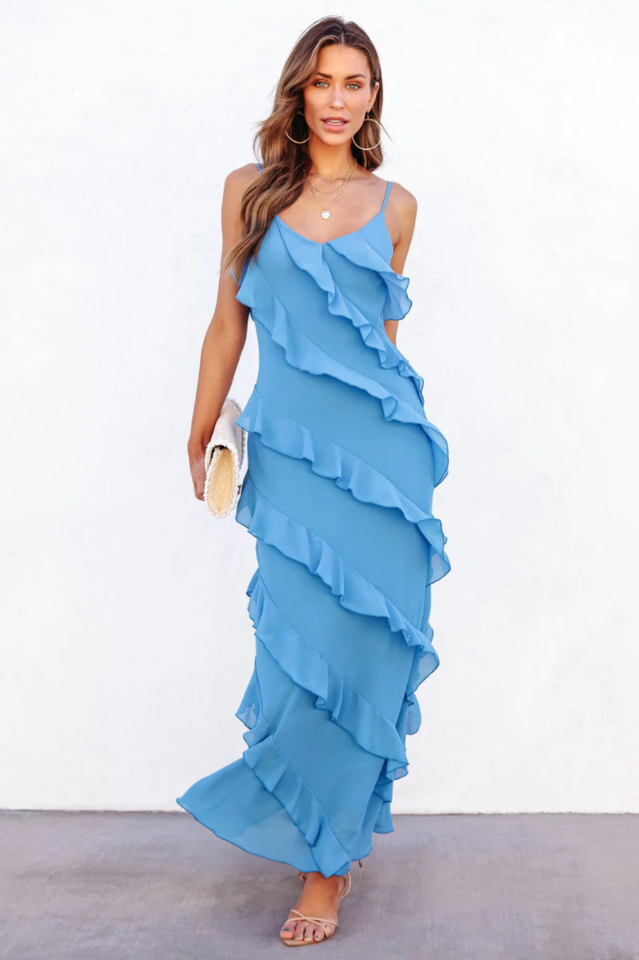 Robe Longue Femme Ashtine – Robe d’Été Légère à Volants avec Jupe à Étages & Look de Plage