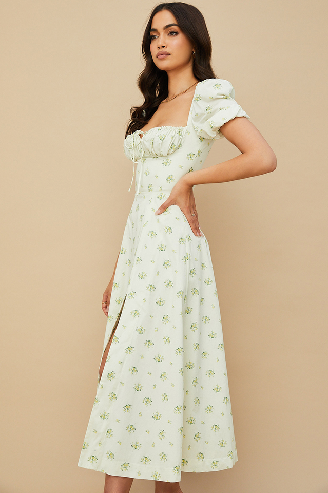 Vestido para mujeres del mediodía Charlotte - Vestido de crepe de verano con estampado florido, hendidura y detalles del corsé