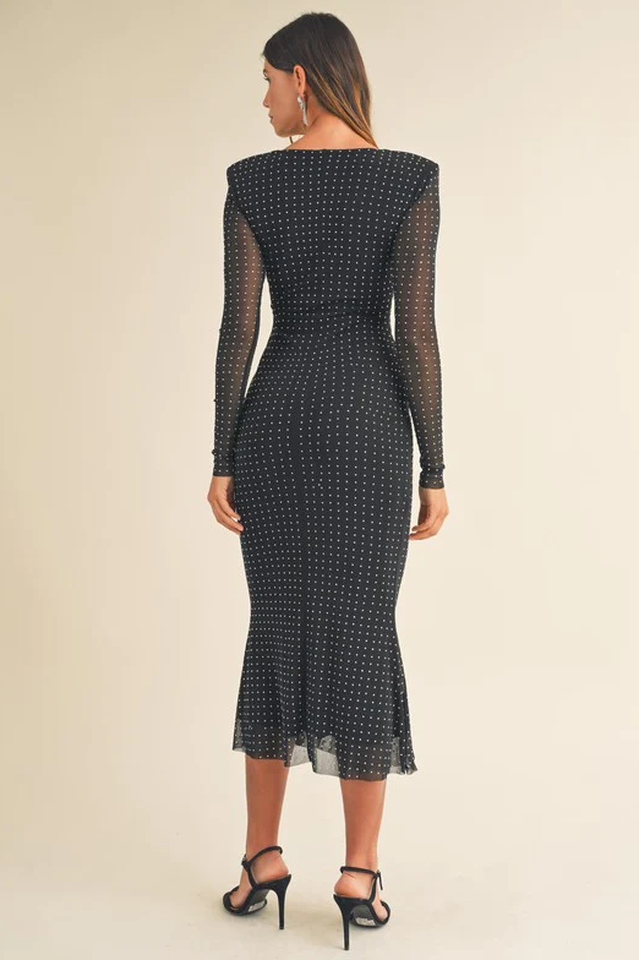 Vestido midi para mujeres de Georgia: vestir el vestido negro con diamantes de imitación, mangas largas y detalles de corte