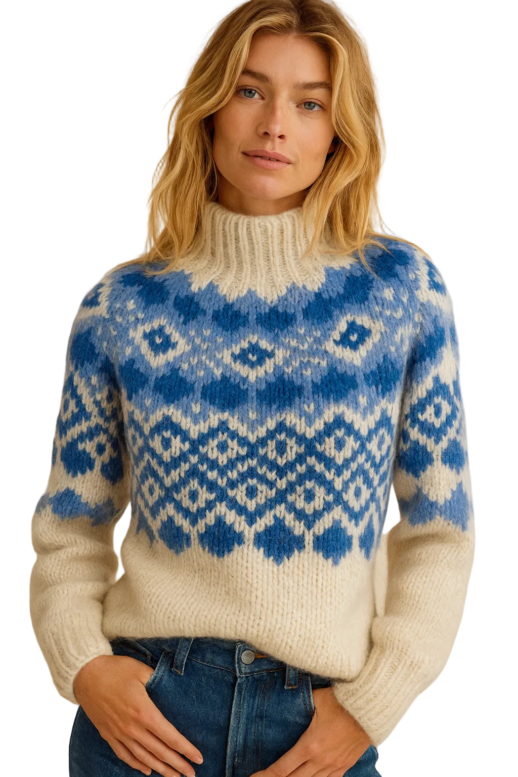 Astrid Pull Col Roulé Femme Motif Norvégien – Maille Épaisse & Confort Hivernal