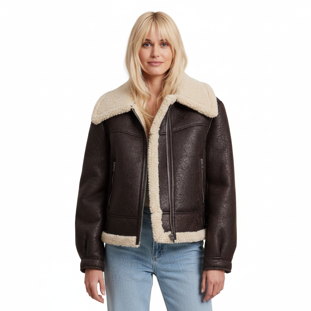 Rae Veste Aviateur Femme Marron Foncé – Blouson Pilote avec Col Imitation Fourrure Chaud