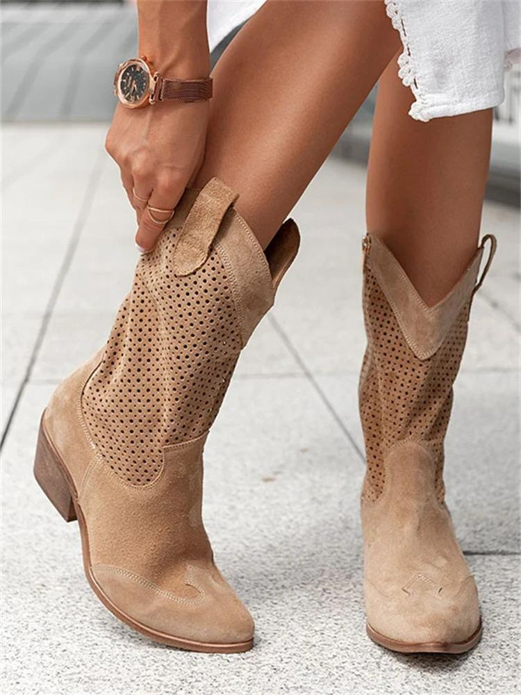 Josiane Bottes Cowboy Femme – Bottes Western Blanches avec Perforations & Talon Bloc Confortable