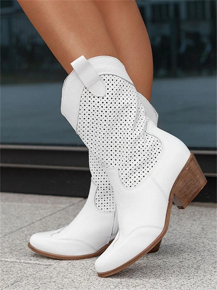 Josiane Bottes Cowboy Femme – Bottes Western Blanches avec Perforations & Talon Bloc Confortable