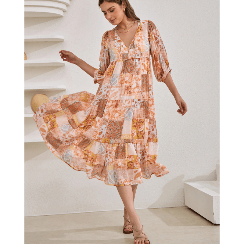 Rosina Robe Longue – Imprimé Bohème Abstrait & Coupe Fluide à Étages