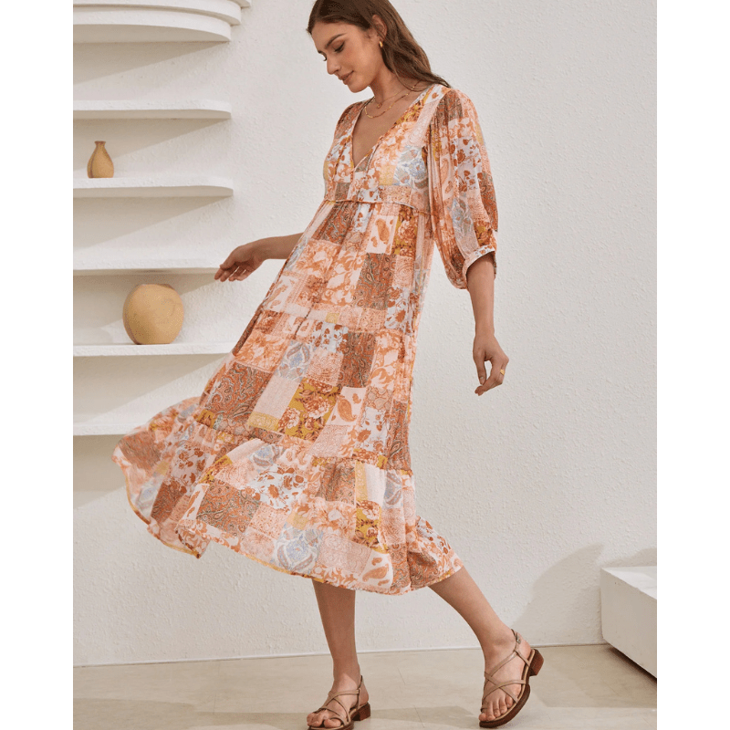 Rosina Robe Longue – Imprimé Bohème Abstrait & Coupe Fluide à Étages