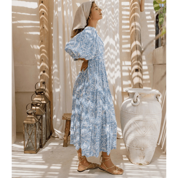 Rosina Robe Longue – Imprimé Bohème Abstrait & Coupe Fluide à Étages