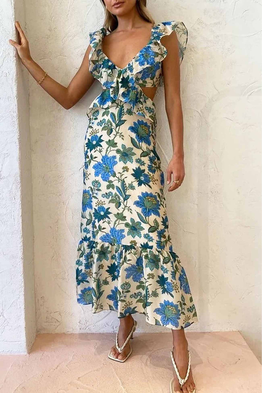 Lungo abito da donna amara - abito estivo estivo con cinghie increspate ed eleganti v -gne