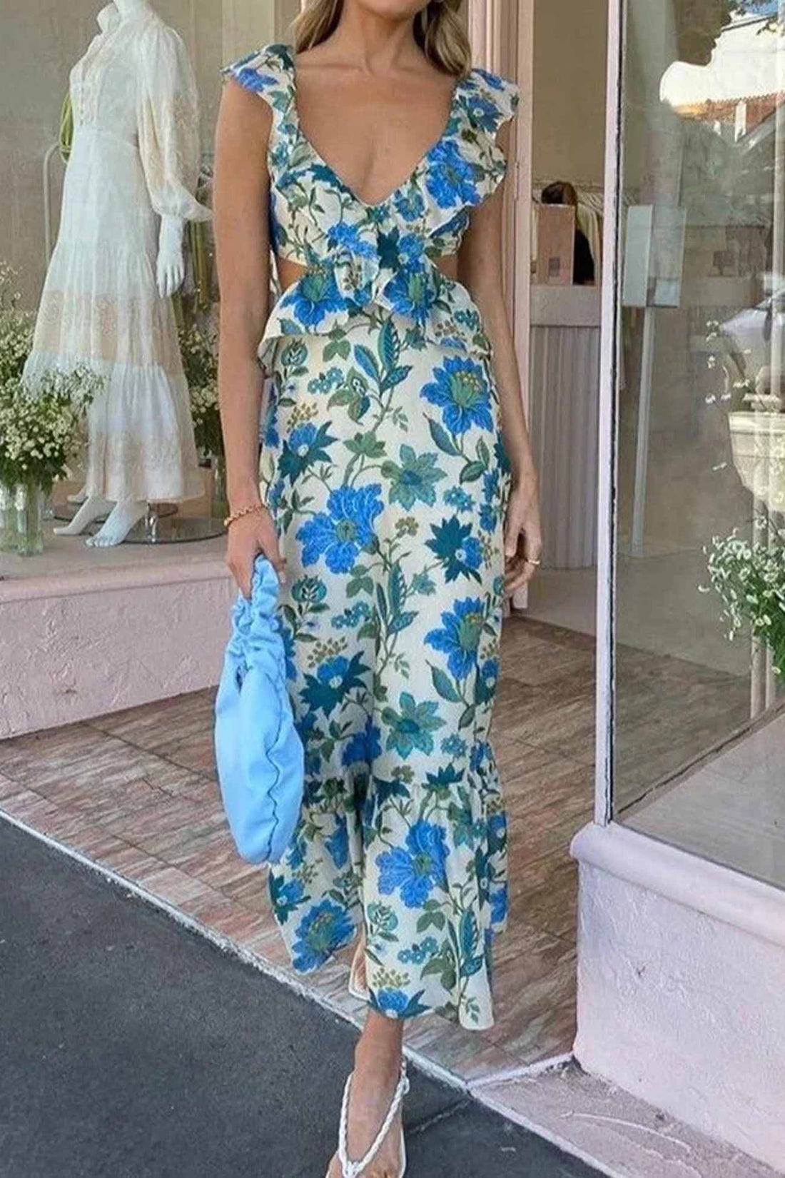 Lungo abito da donna amara - abito estivo estivo con cinghie increspate ed eleganti v -gne