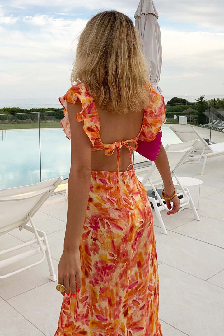 Robe Longue Femme Amara – Robe d’Été Sans Manches avec Bretelles à Volants & Élégant Col en V