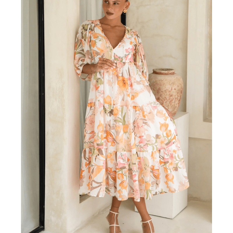 Runa Robe Mi-Longue – Imprimé Floral & Manches Bouffantes Légères Été