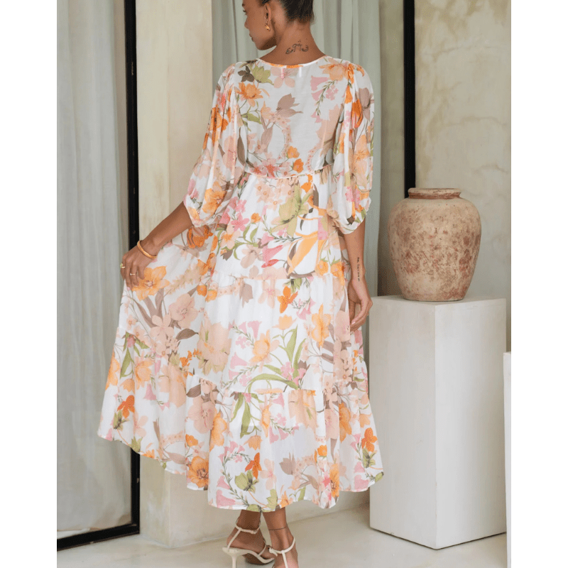 Runa Robe Mi-Longue – Imprimé Floral & Manches Bouffantes Légères Été