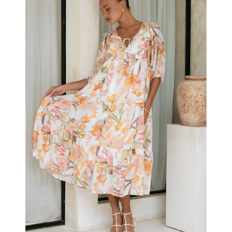 Runa Robe Mi-Longue – Imprimé Floral & Manches Bouffantes Légères Été