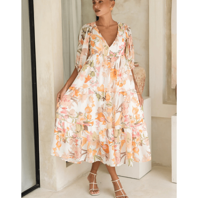 Runa Robe Mi-Longue – Imprimé Floral & Manches Bouffantes Légères Été