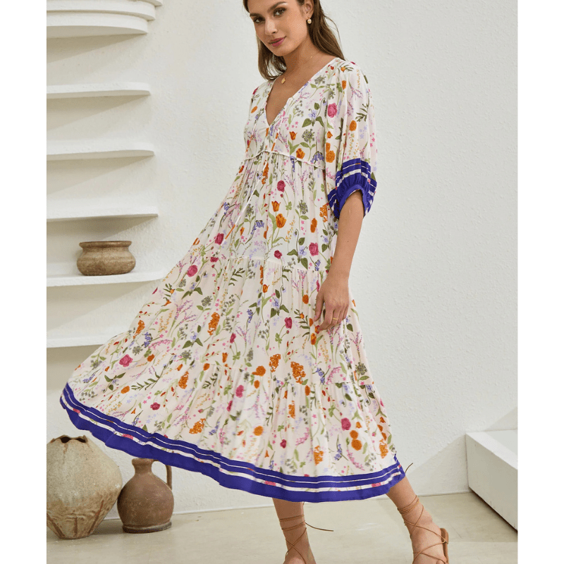 Runa Robe Mi-Longue – Imprimé Floral & Manches Bouffantes Légères Été