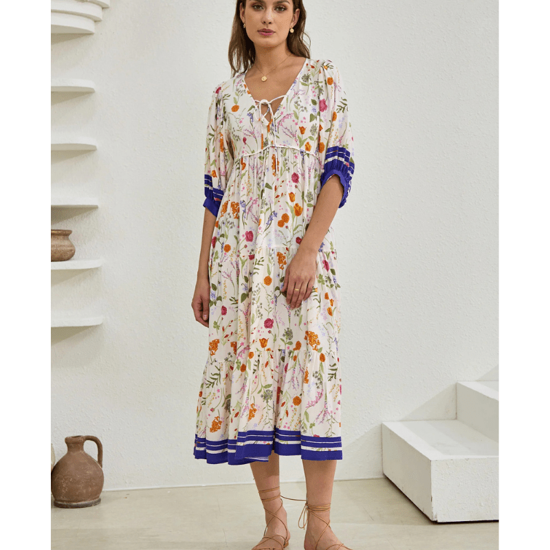 Runa Robe Mi-Longue – Imprimé Floral & Manches Bouffantes Légères Été