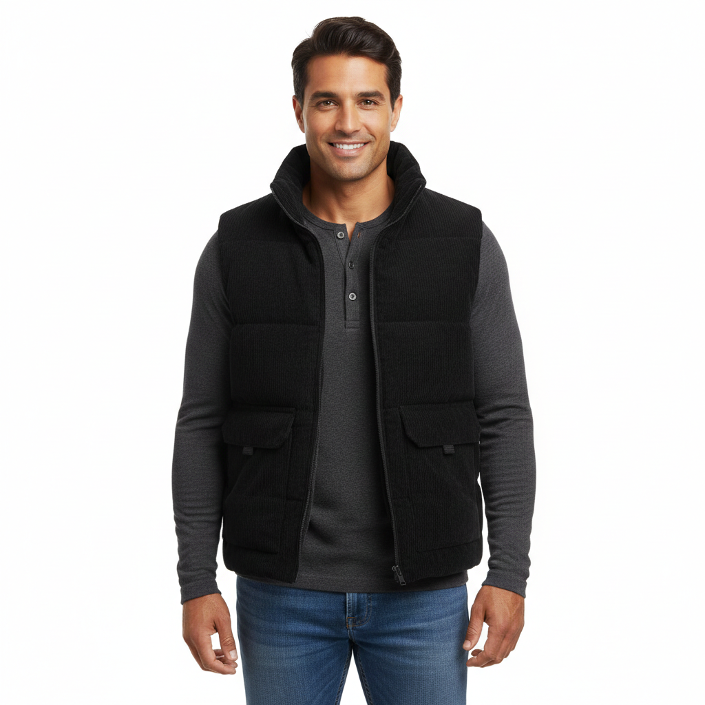 Pánská vesta Ryan z manšestru – Prošívaná podšívka a vysoký městský límec