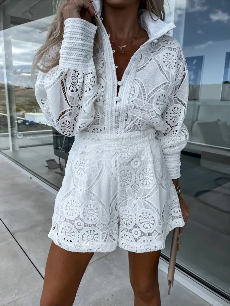 Veanne Ensemble en Dentelle Femme – Élégant Ensemble d’Été Blanc en Dentelle Respirante avec Finitions Luxueuses
