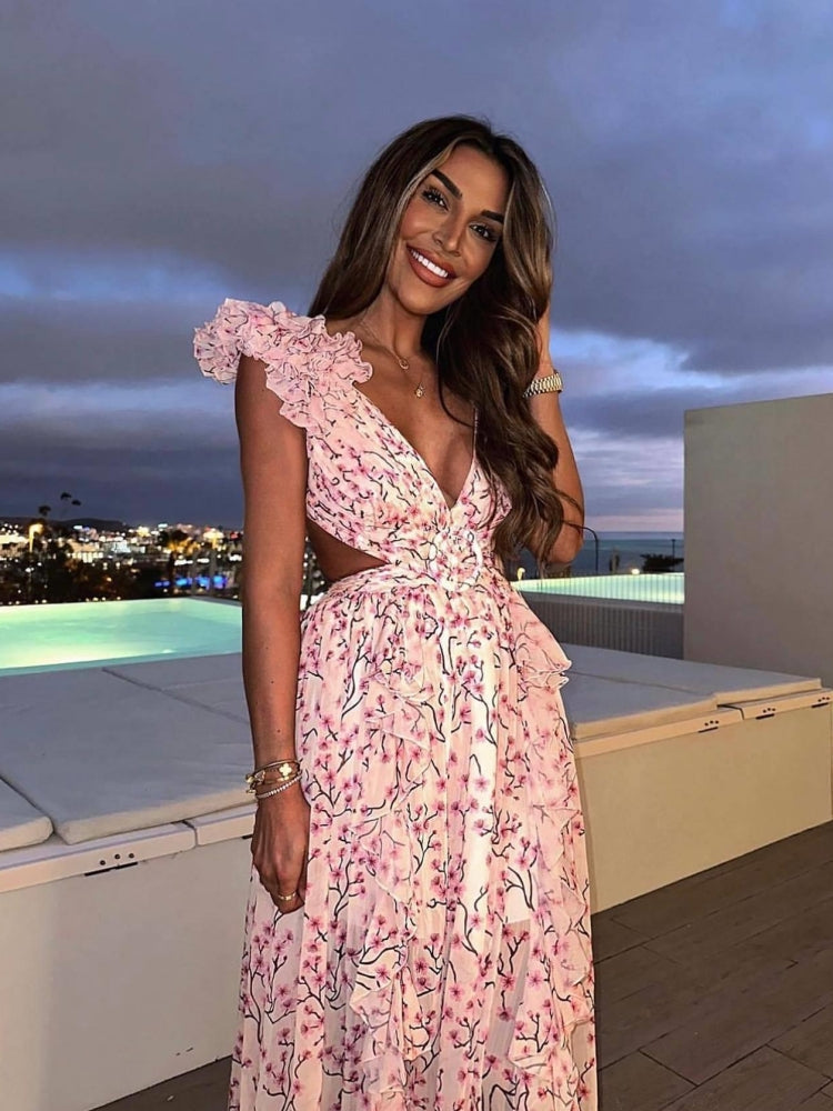 Bea Robe Maxi Femme – Imprimé Fleuri, Volants & Élégance Estivale Aérienne