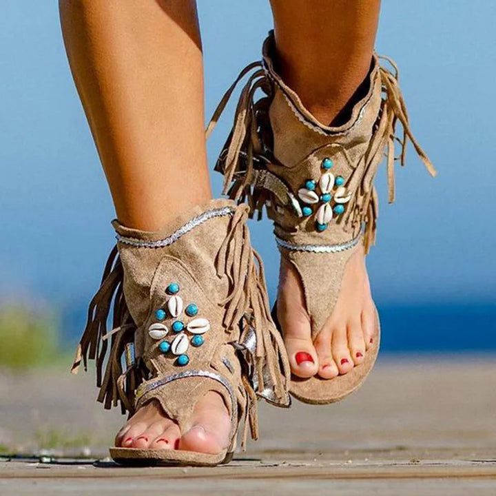 Katherine Sandales Bohèmes Femme – Sandales d'Été avec Franges & Perles pour un Look Libre