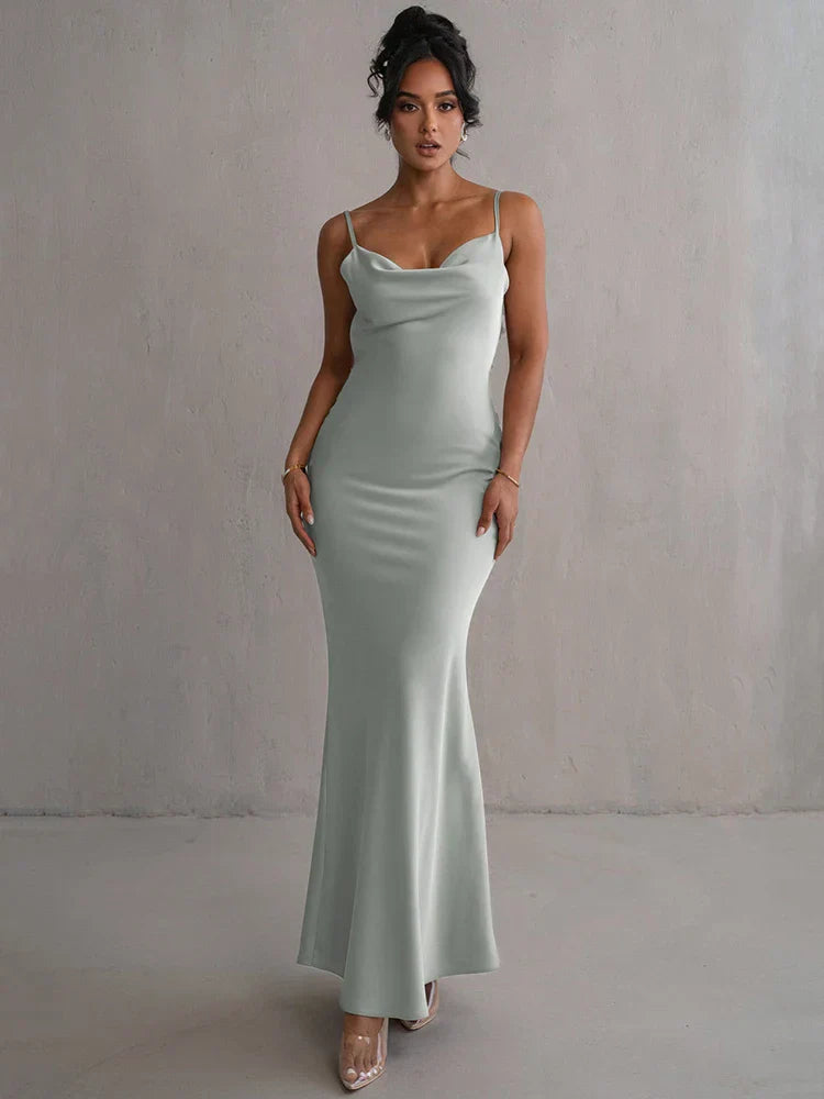 Marie Robe de Soirée Femme - Satin Longue, Col Drapeau, Bretelles Spaghetti - Robe Élégante et Ajustée pour Événements Formels