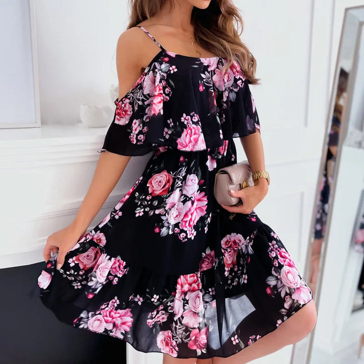 Abito estivo da donna Catalina - Abito floreale con spalle nude e look romantico