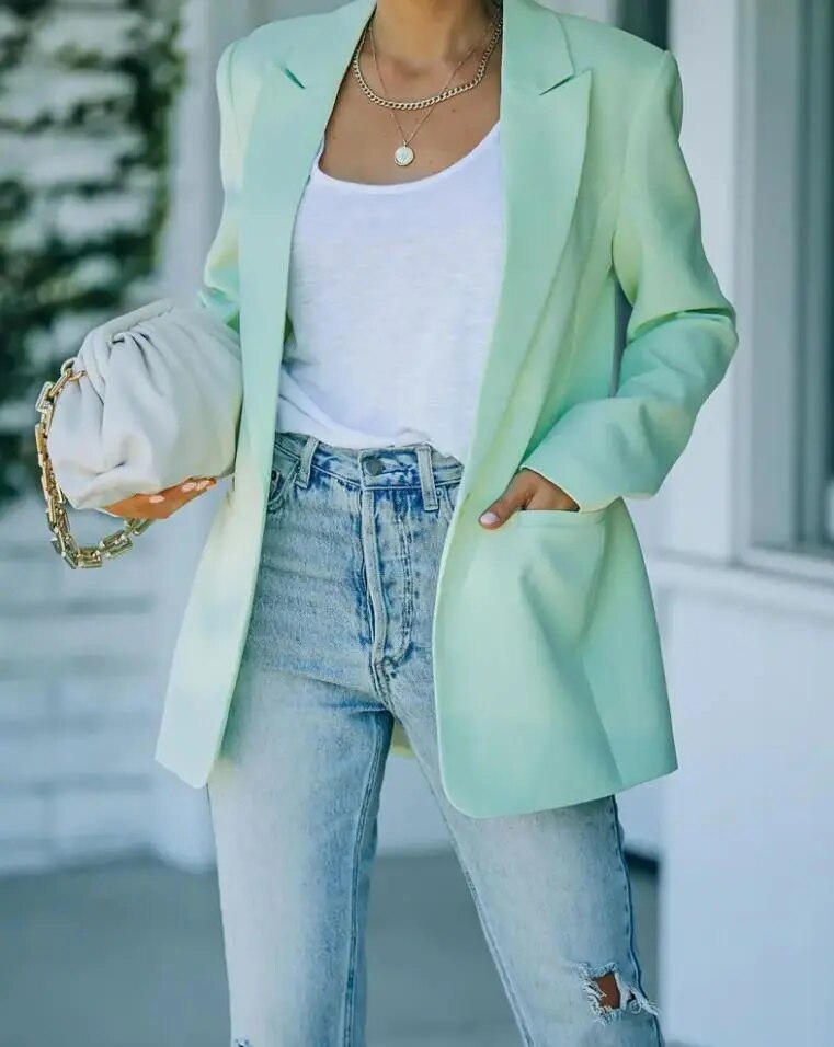 Raine Blazer Femme - Coupe Oversize, Simple Boutonnage, Col à Revers - Élégance Tailleur pour Bureau et Soirées