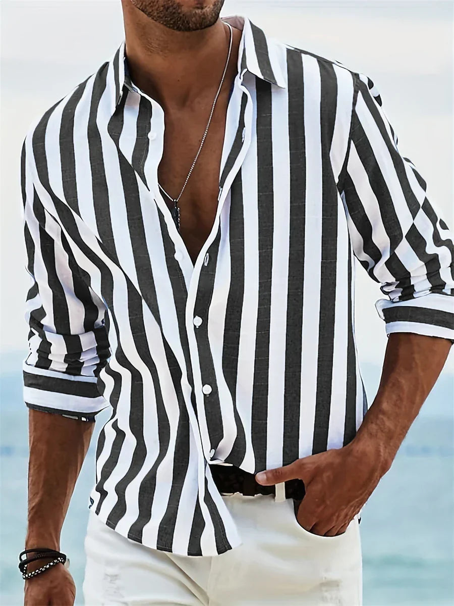 James Men's Summer Shirt - Camisa de rayas azules claros en lino mezclado con algodón y corte relajado