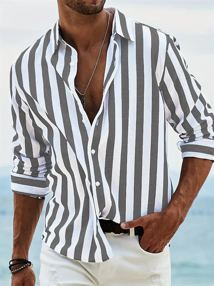Camicia estiva di James Men - camicia a strisce azzurra in lino mescolata con cotone e taglio