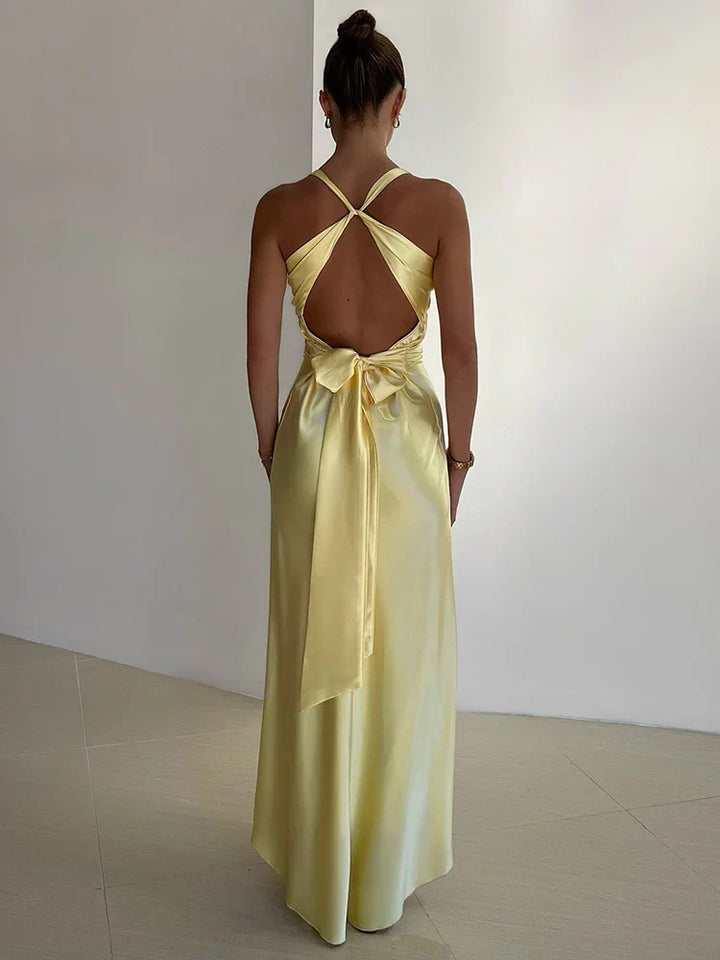 Gina Robe de Soirée Femme – Robe Longue Satinée à Col Halter Élégant et Sans Manches