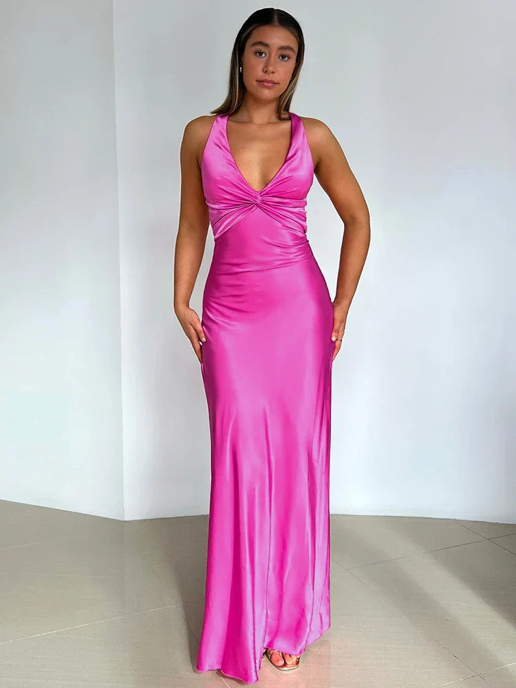 Gina Robe de Soirée Femme – Robe Longue Satinée à Col Halter Élégant et Sans Manches