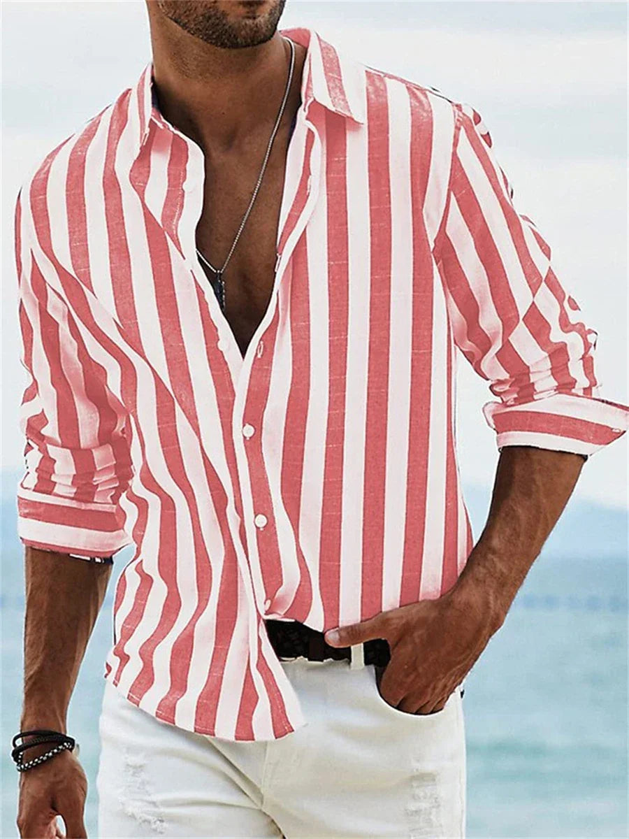 James Men's Summer Shirt - Camisa de rayas azules claros en lino mezclado con algodón y corte relajado