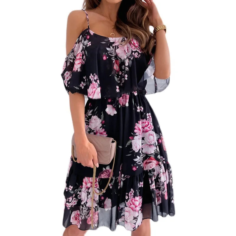 Abito estivo da donna Catalina - Abito floreale con spalle nude e look romantico