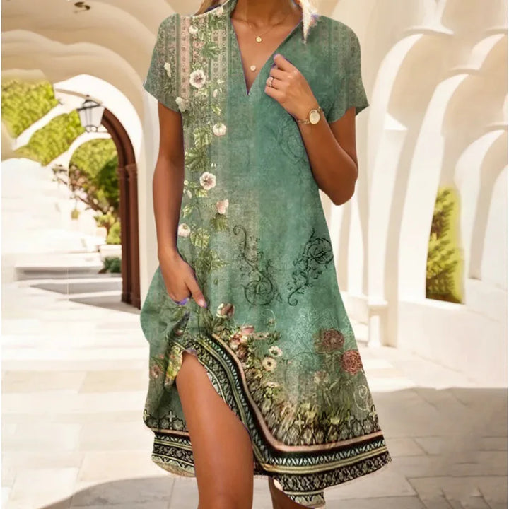 Jeanne Robe Femme – Élégante Robe à Col V avec Boutons, Coupe Flatteuse & Motif Floral Intemporel
