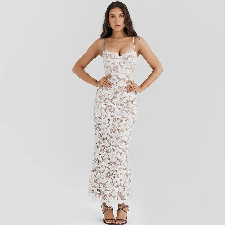 Kristine Robe de Soirée Femme en Dentelle - Col Coeur, Bretelles Spaghetti - Robe Longue Élégante pour Mariages et Événements Formels