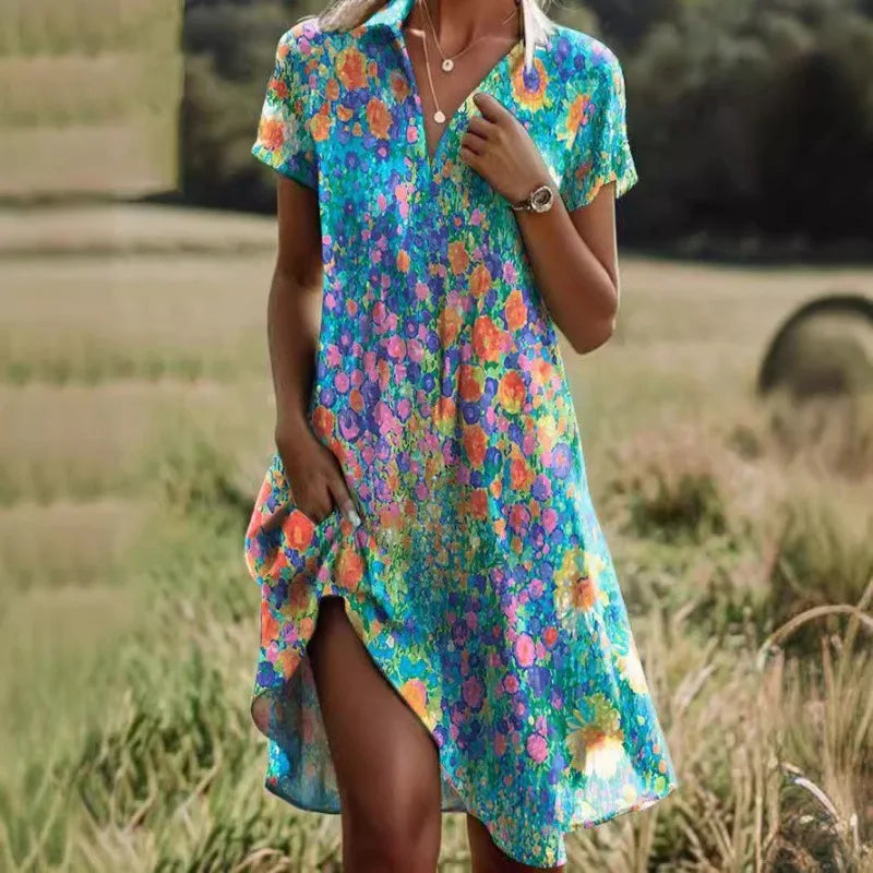 Jeanne Robe Femme – Élégante Robe à Col V avec Boutons, Coupe Flatteuse & Motif Floral Intemporel