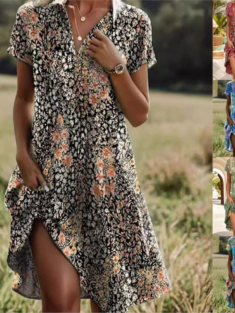 Jeanne Robe Femme – Élégante Robe à Col V avec Boutons, Coupe Flatteuse & Motif Floral Intemporel