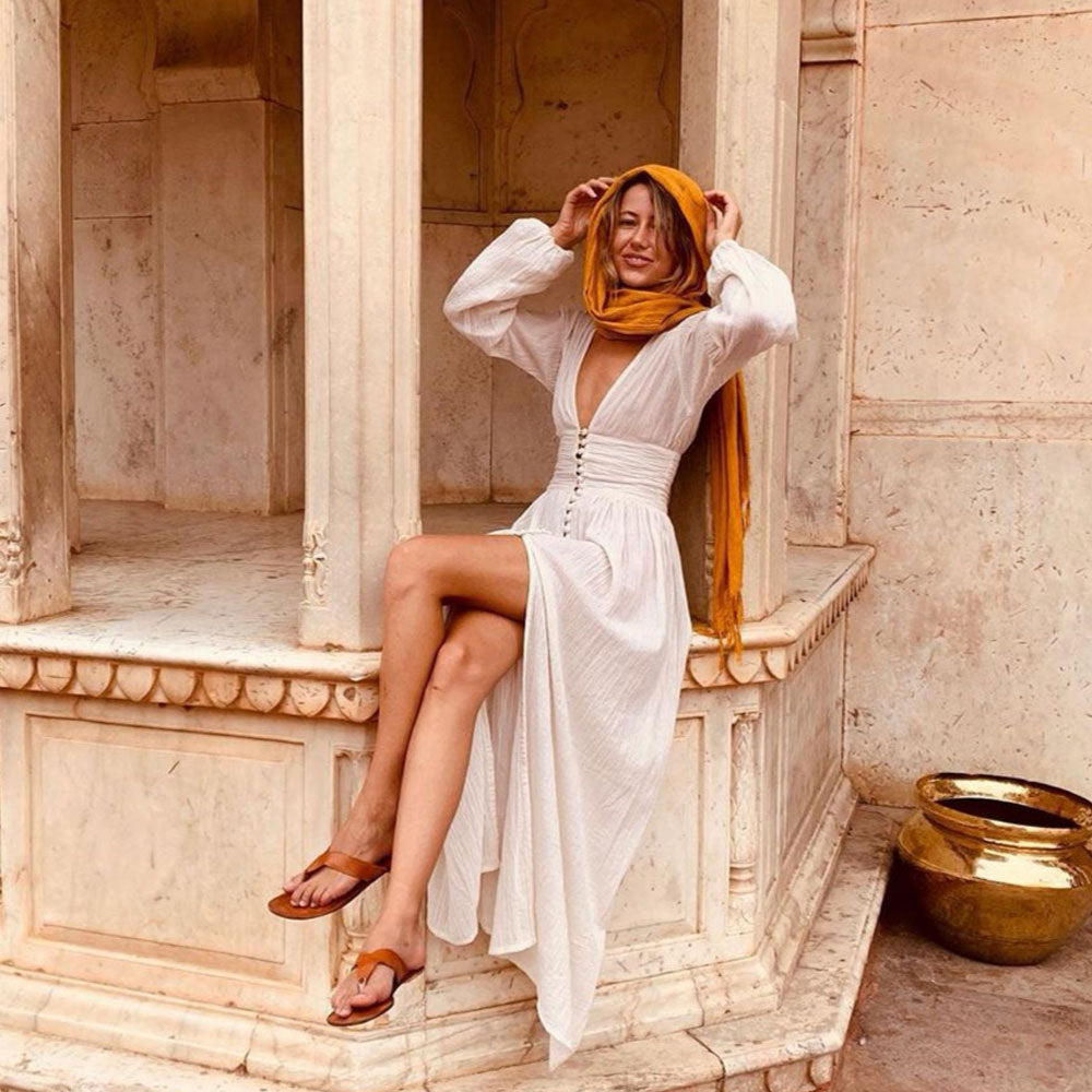 Sadie Maxi Dress Women – Summer Dress Khaki in 100% Cotton with Buttons & Elegant Pleated Details