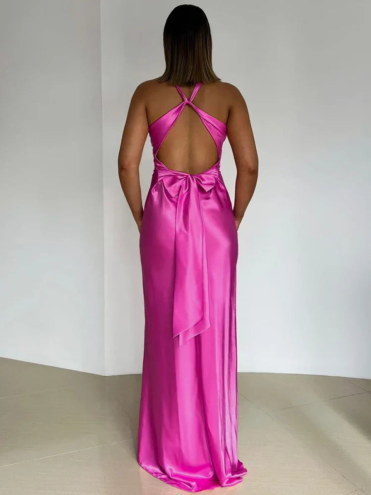Gina Robe de Soirée Femme – Robe Longue Satinée à Col Halter Élégant et Sans Manches