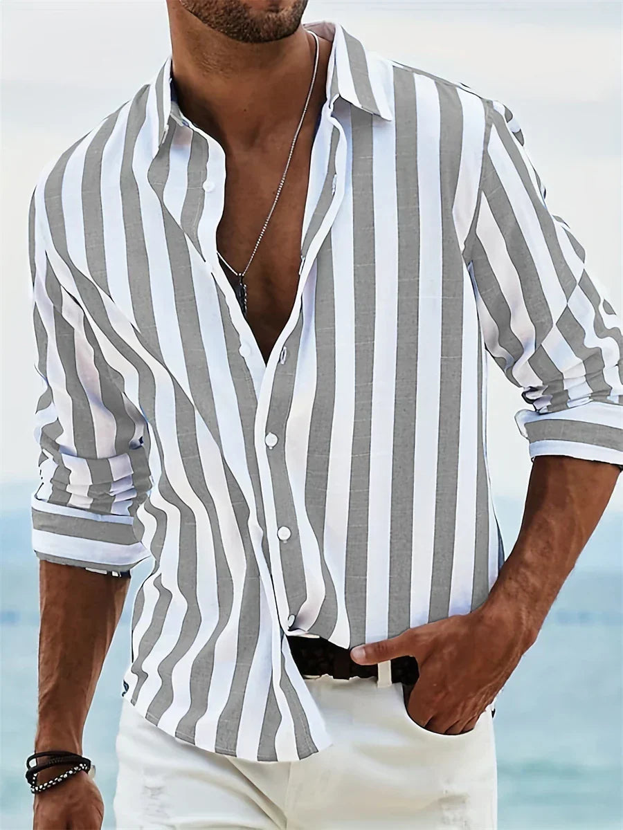 James Men's Summer Shirt - Camisa de rayas azules claros en lino mezclado con algodón y corte relajado