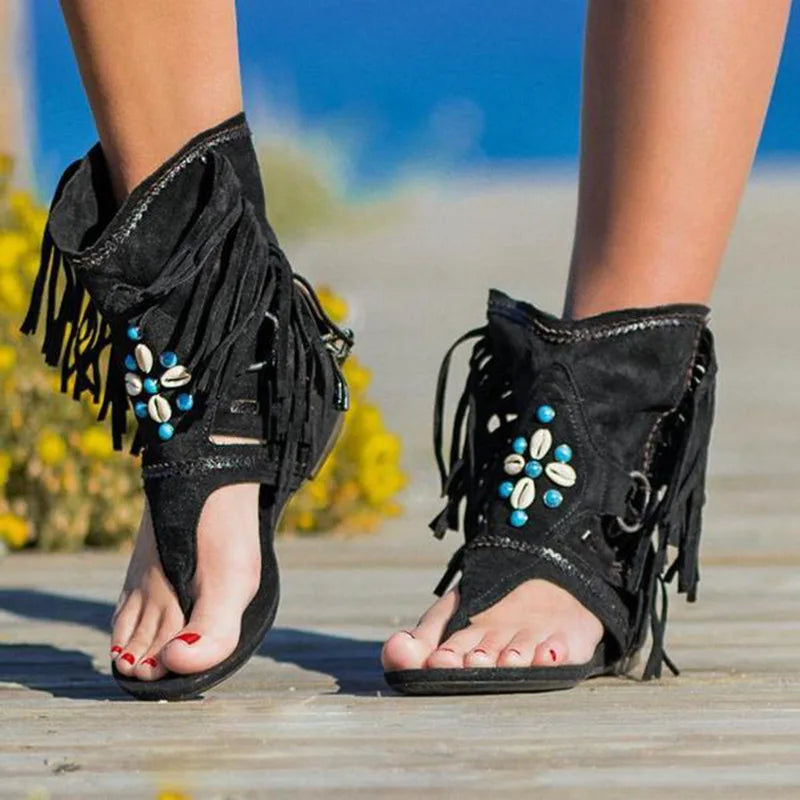Katherine Sandales Bohèmes Femme – Sandales d'Été avec Franges & Perles pour un Look Libre