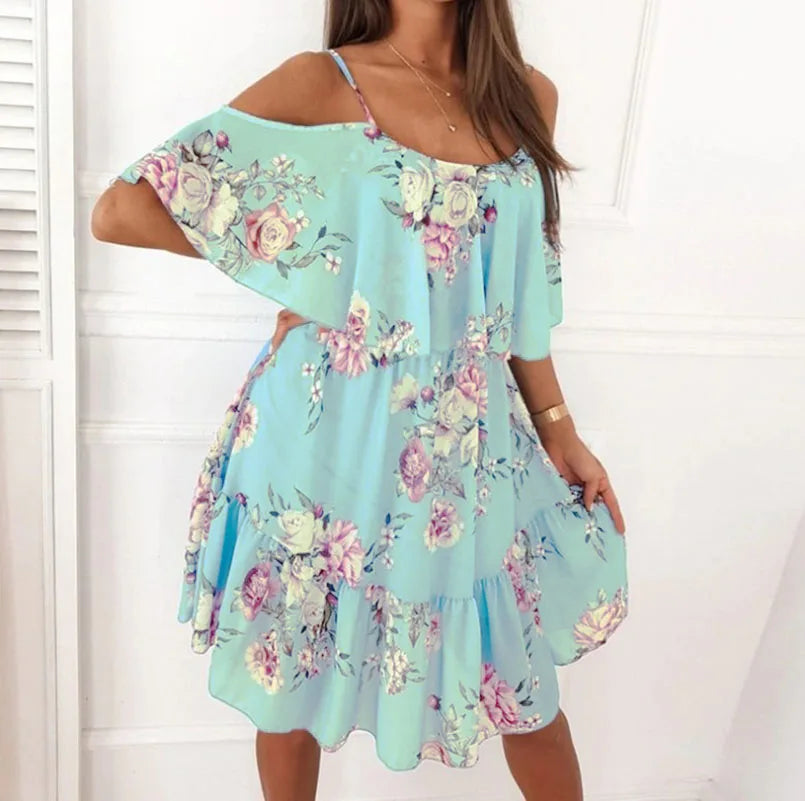 Abito estivo da donna Catalina - Abito floreale con spalle nude e look romantico