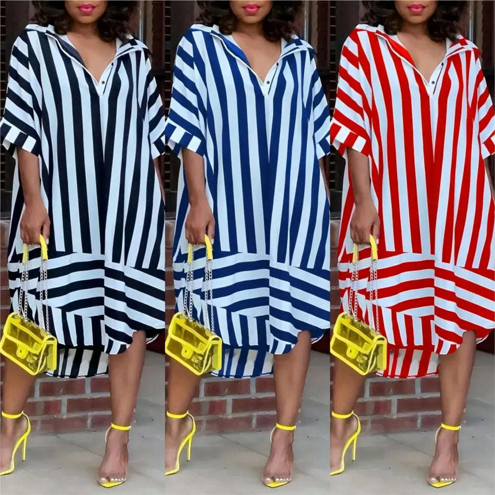 Vestido de verano de Chloe Woman - Vestido de camisa a rayas claras con mangas cortas y elegancia relajada