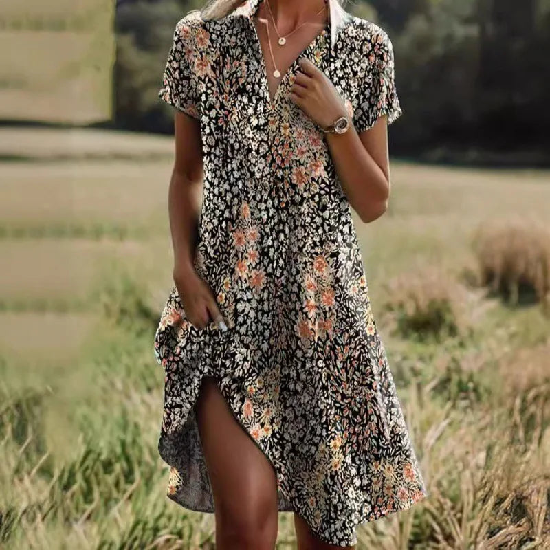 Jeanne Robe Femme – Élégante Robe à Col V avec Boutons, Coupe Flatteuse & Motif Floral Intemporel