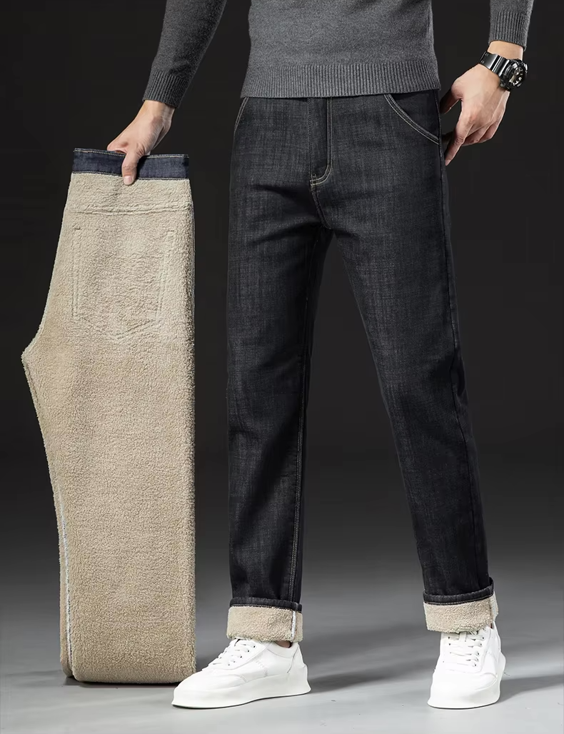 René Jean Pánské Zateplené Kalhoty – Slim Fit Teplé Džínové Kalhoty na Zimu