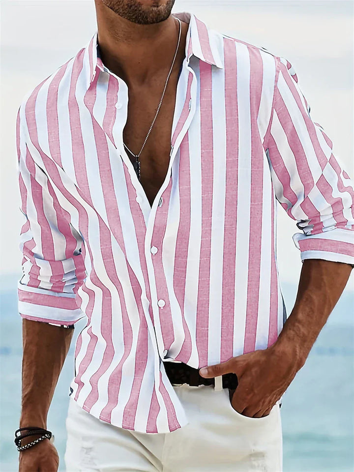 Camicia estiva di James Men - camicia a strisce azzurra in lino mescolata con cotone e taglio