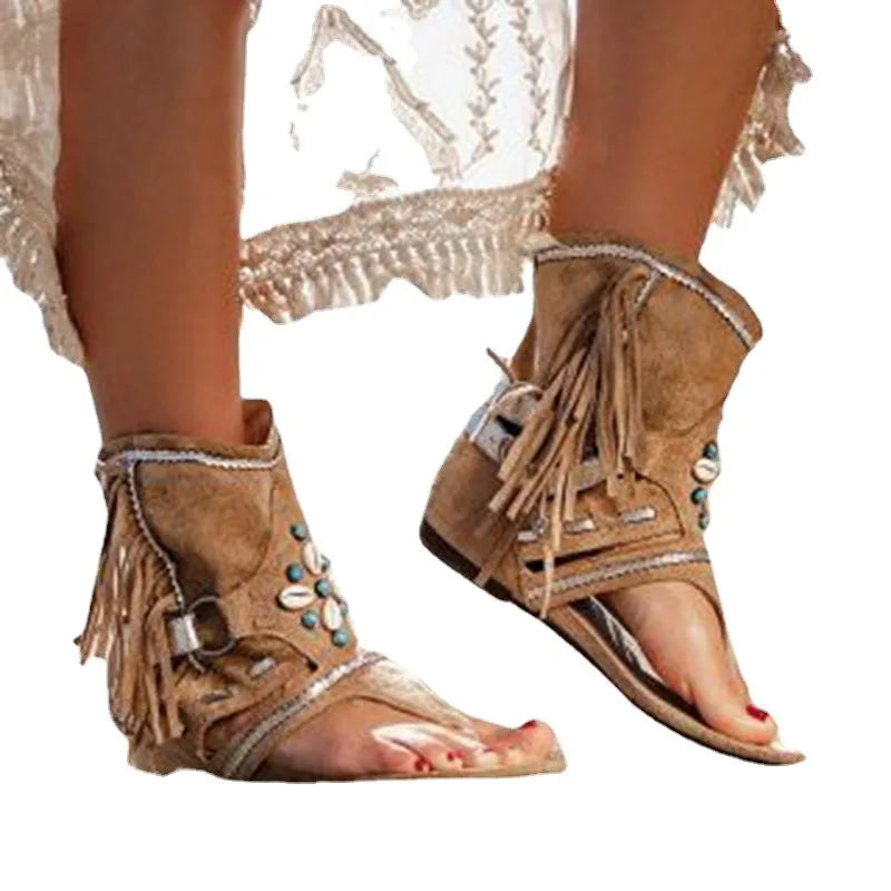 Katherine Sandales Bohèmes Femme – Sandales d'Été avec Franges & Perles pour un Look Libre