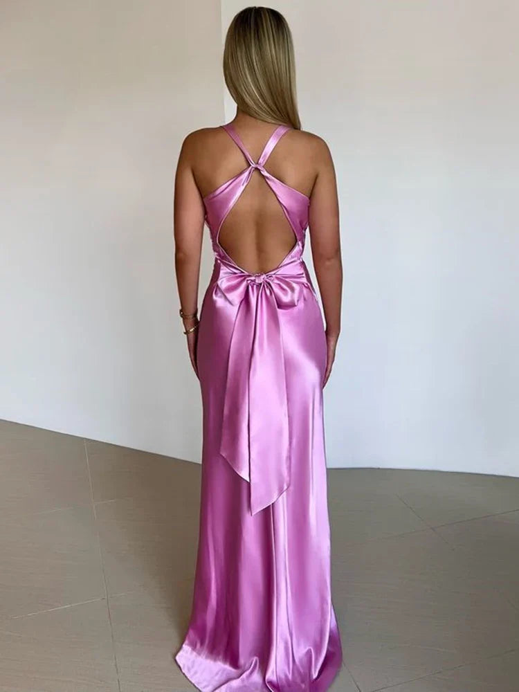 Gina Robe de Soirée Femme – Robe Longue Satinée à Col Halter Élégant et Sans Manches