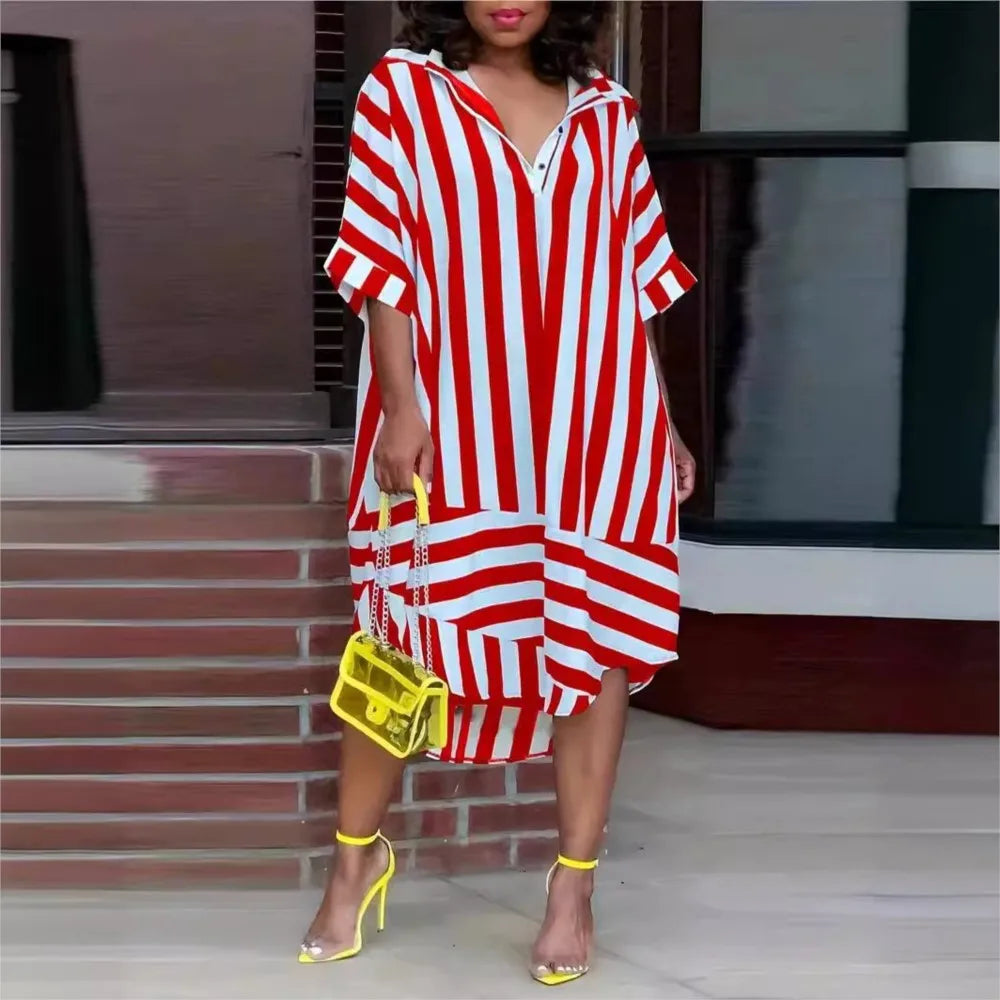 Vestido de verano de Chloe Woman - Vestido de camisa a rayas claras con mangas cortas y elegancia relajada